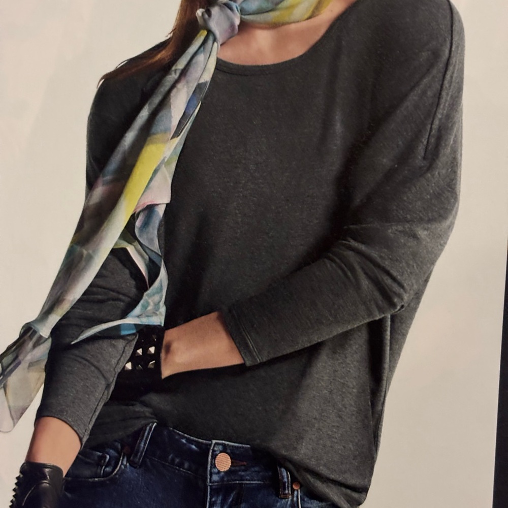 CAbi Cut Up Tee 4364 Charcoal Gray Long Sleeve Top Size Medium Soft EUC